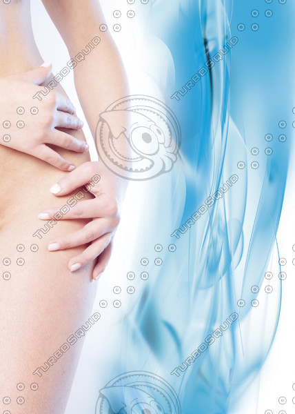 Abstract blue waved forms and woman naked body