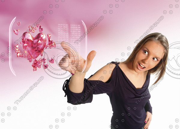 Woman touching a virtual interface window